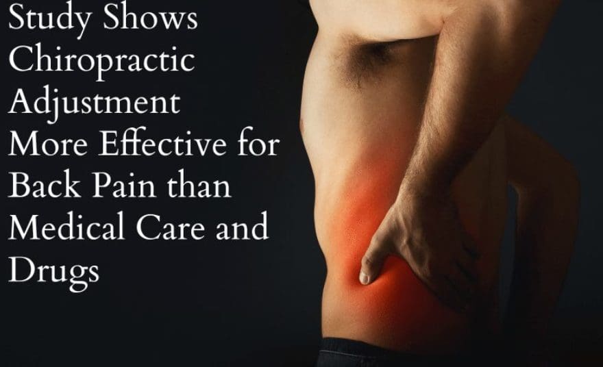 man with back pain with words chiropractic treatment more effective than drugs or medical care