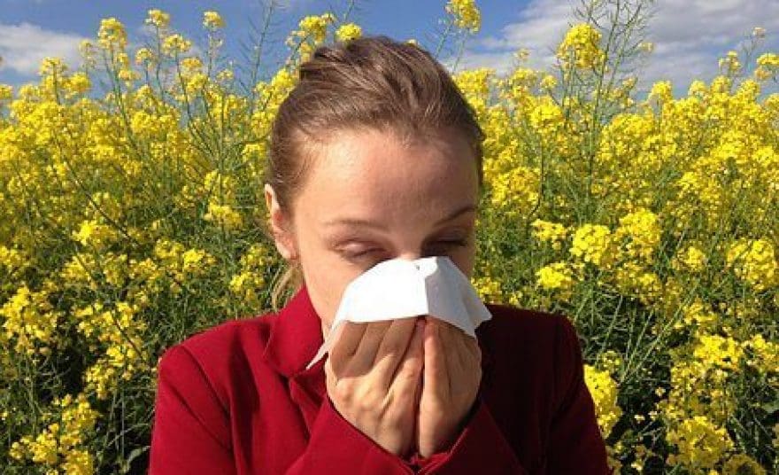 blog picture of lady in flower field with allergies